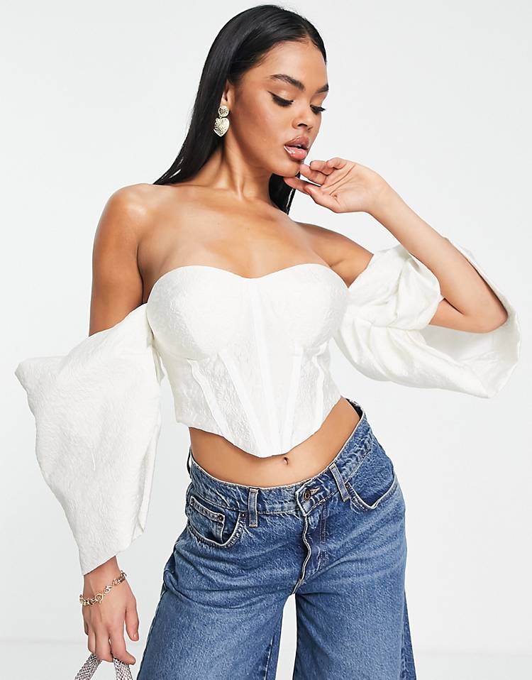 ASOS LUXE extreme Bardot sleeve corset top in white